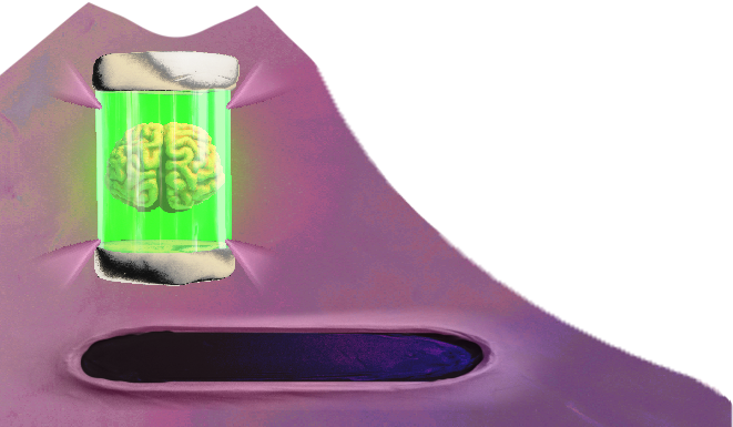 A glowing green brain in a glass jar with metal caps, held above a purple clay pedestal with a dark slot in it