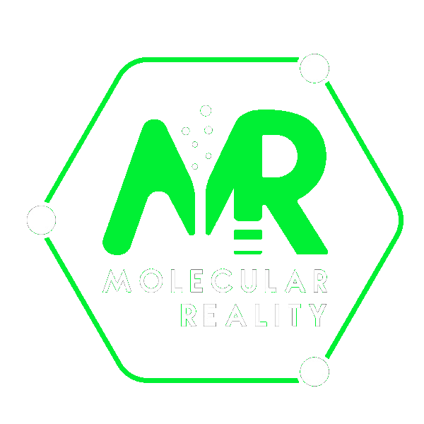 Hexagon logo: green interlocked M and R monogram with a small dot cluster, white MOLECULAR REALITY lettering, hexagon outline with three white node dots. Transparent PNG made for dark backgrounds.