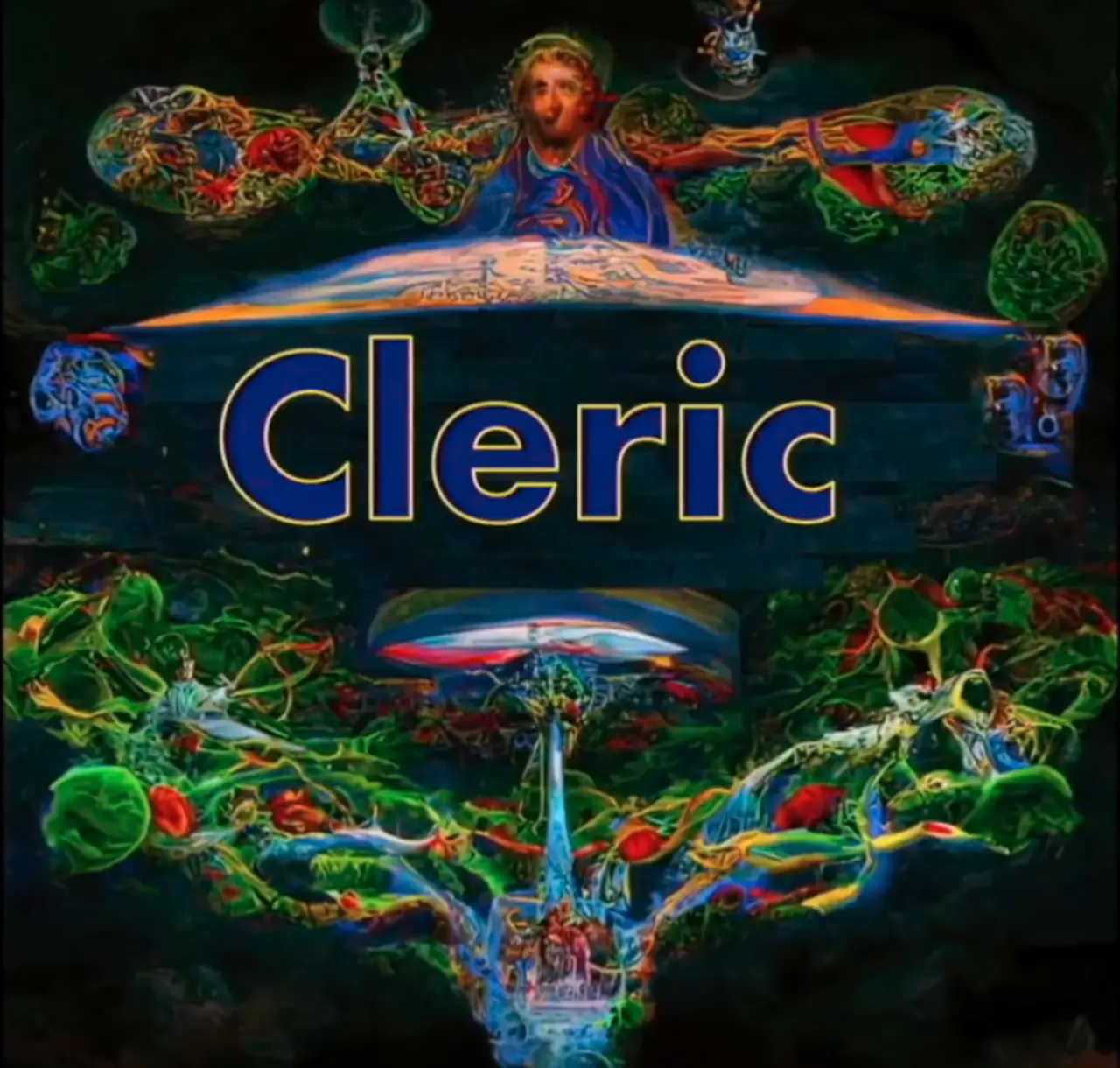 Glowing neural-tree or mycelial network under a vaulted cathedral ceiling, a small Christ-like figure at the top, a distant church at the bottom; blue lettering Cleric across the middle. Painterly generative art with the class name baked in