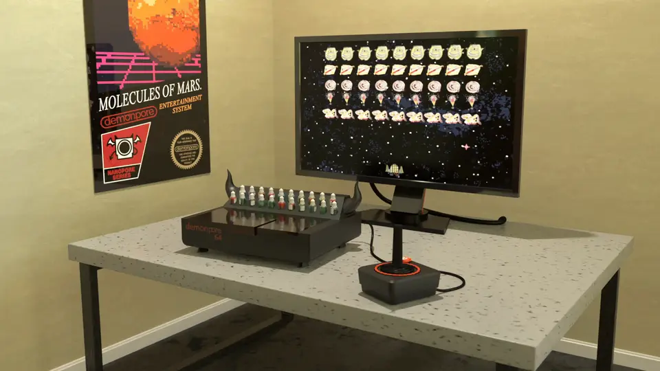 A rendered console with horns, a rack of coloured reagent bottles, a joystick and a poster on the wall