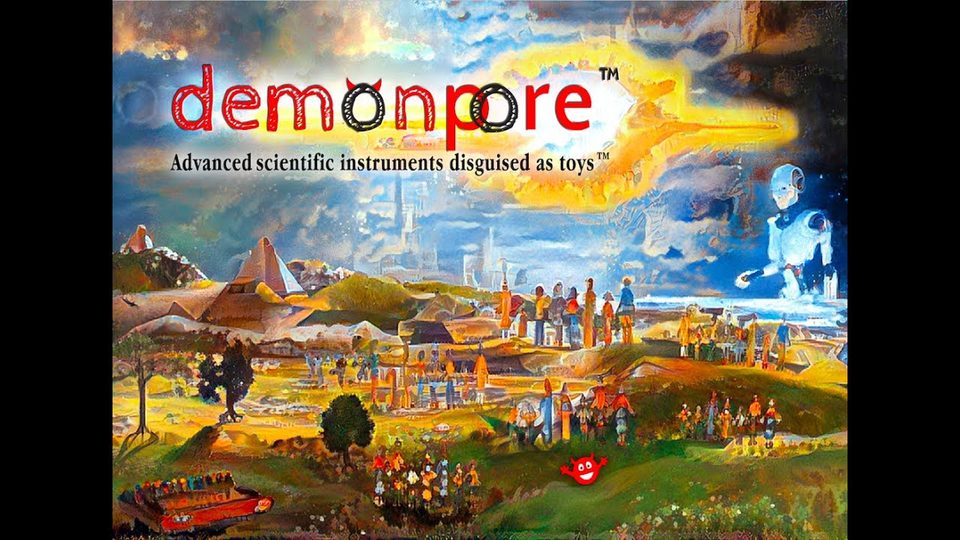 A painted landscape headed by the horned demonpore wordmark and the line Advanced scientific instruments disguised as toys