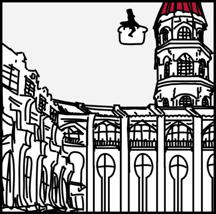 Black-and-white line illustration with red accents for Gastromancy