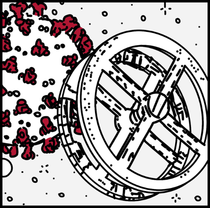 Black-and-white line illustration with red accents for SARS Odyssey