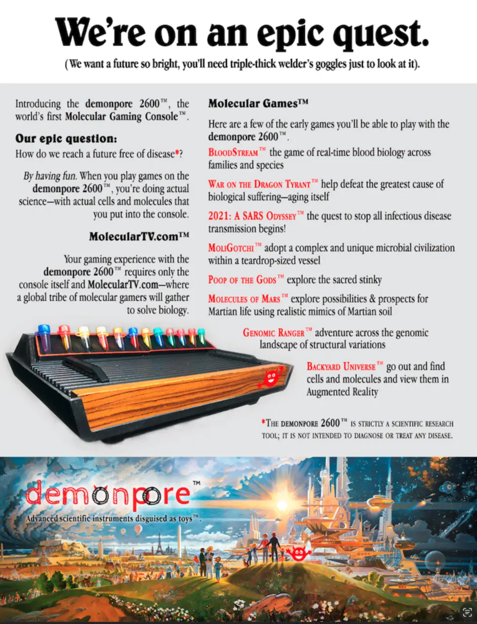 A magazine-style advertisement headed We're on an epic quest, with a wood-grain games console holding a rack of colored sample tubes and a list of molecular games