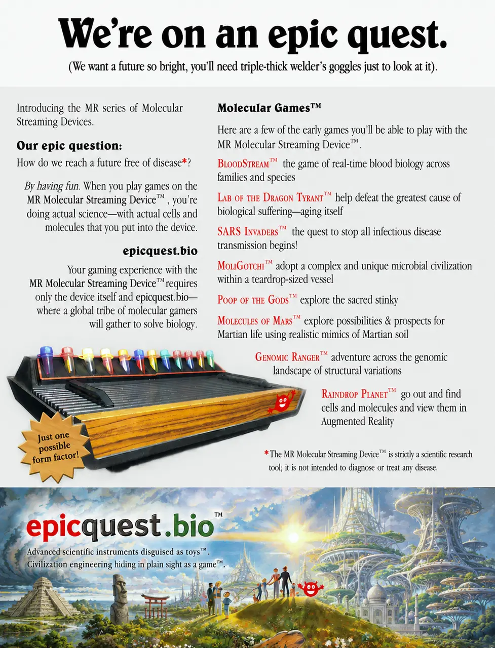 Full-page flyer We're on an epic quest: introduces the MR series of Molecular Streaming Devices, a retro wood-grain console with a rack of coloured sample tubes (Just one possible form factor), a list of eight Molecular Games with trademark