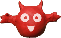 Maxine, a handmade red clay imp (small horns, stubby arms, round white eyes, white grin) photographed on a transparent background, facing the viewer.
