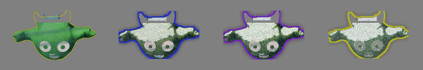 Four small recoloured portraits of the same pose of Maxine side by side on grey, outlined in green, blue, purple and yellow