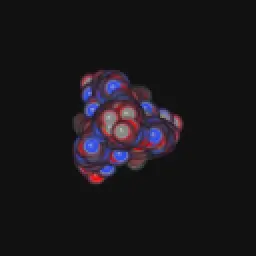 A ball-and-stick rendering of a large protein structure in CPK colors on a dark background