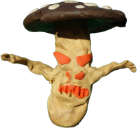 A clay mushroom wizard with a dark spotted cap, a skull face with orange eyes and outstretched arms